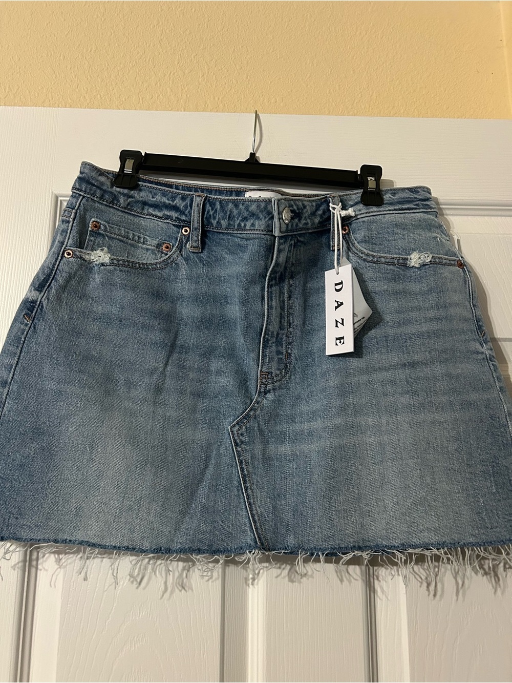 Daze Light Blue Denim Mini Skirt with Frayed Hem